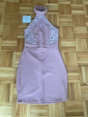 Lace Halter Bodycon Dress in Dusty Rose